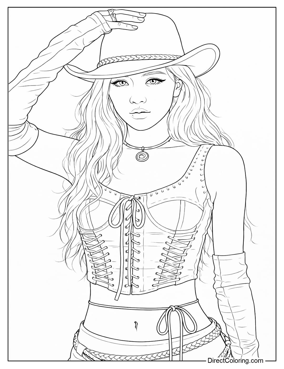 Coloring page of Rosé Blackpink in a cowboy hat, an elaborate lace-up corset top, and long gloves.