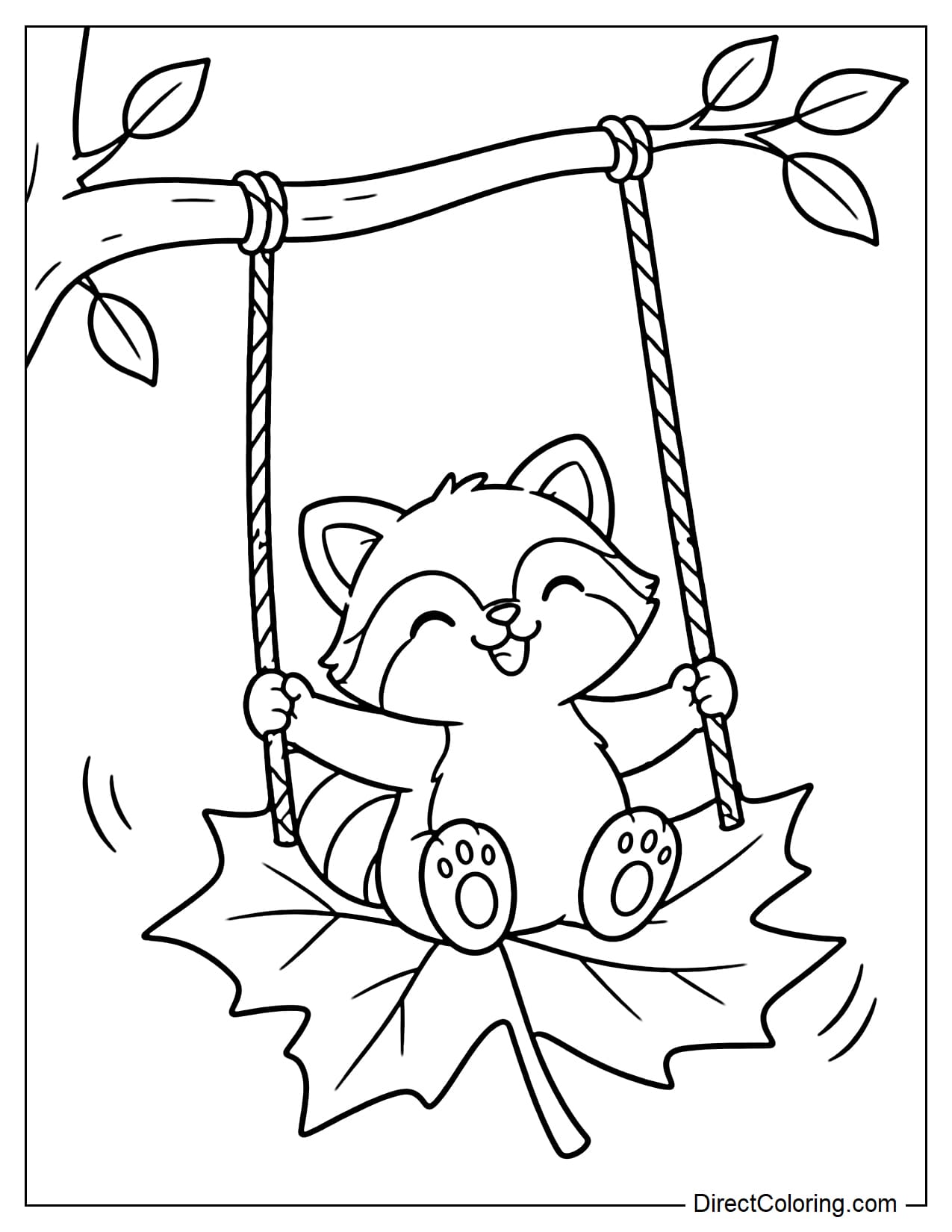 A large leaf swing hanging by two ropes from a curved tree branch, with a cute little raccoon sitting and gently swinging on it.