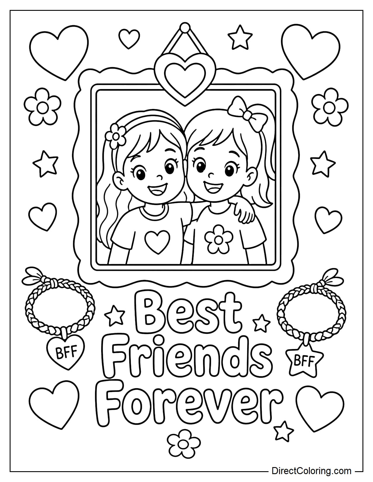 A commemorative photo frame featuring two smiling friends inside, decorated with a large heart, simple flowers, stars, and two small bracelets, with the words 