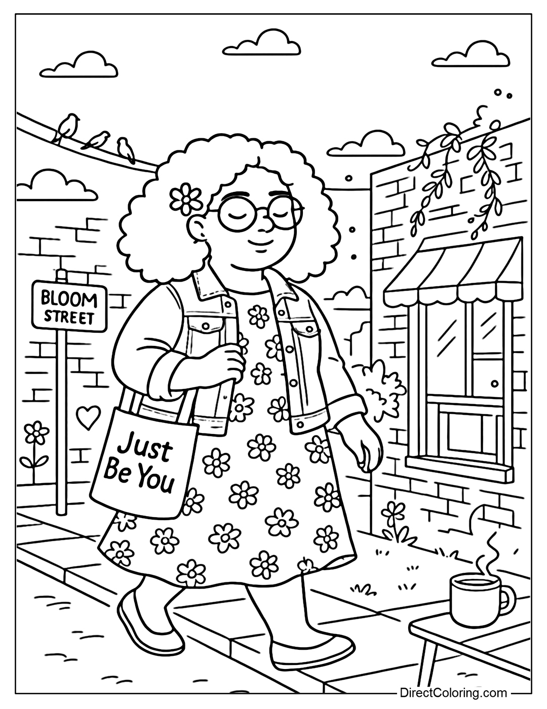 A coloring page of a girl with naturally curly hair, wearing large round glasses and a long floral dress, confidently walking down the sidewalk in a colorful art neighborhood.
