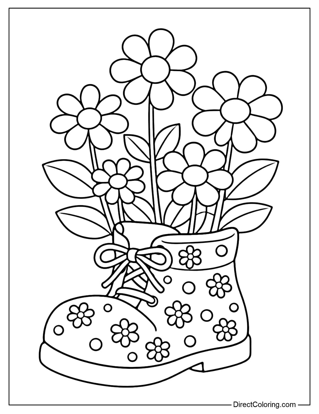 Coloring page with multiple flowers growing from a large shoe, with tall stems and simple, large leaves. The shoe is decorated with small flowers and dots.