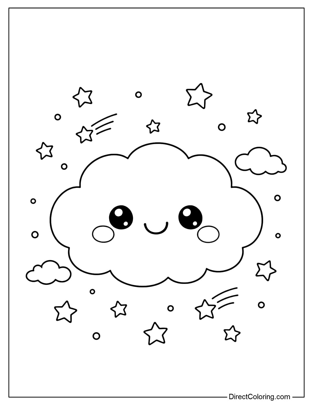 A cute round cloud coloring page with a smiling face, surrounded by tiny stars and a simple blank sky.