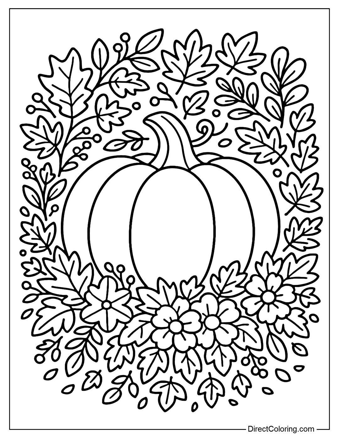 A large pumpkin coloring page surrounded by colorful autumn leaves.