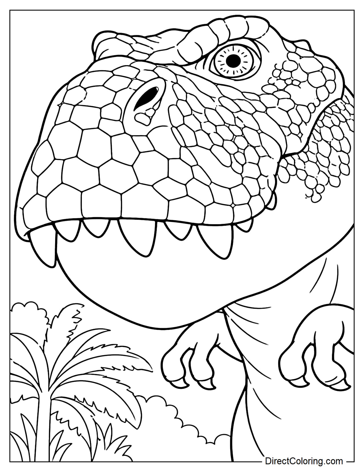 A powerful T-Rex stands in the jungle with a huge head, sharp teeth, tiny arms from Paw Patrol: The Dino Movie.