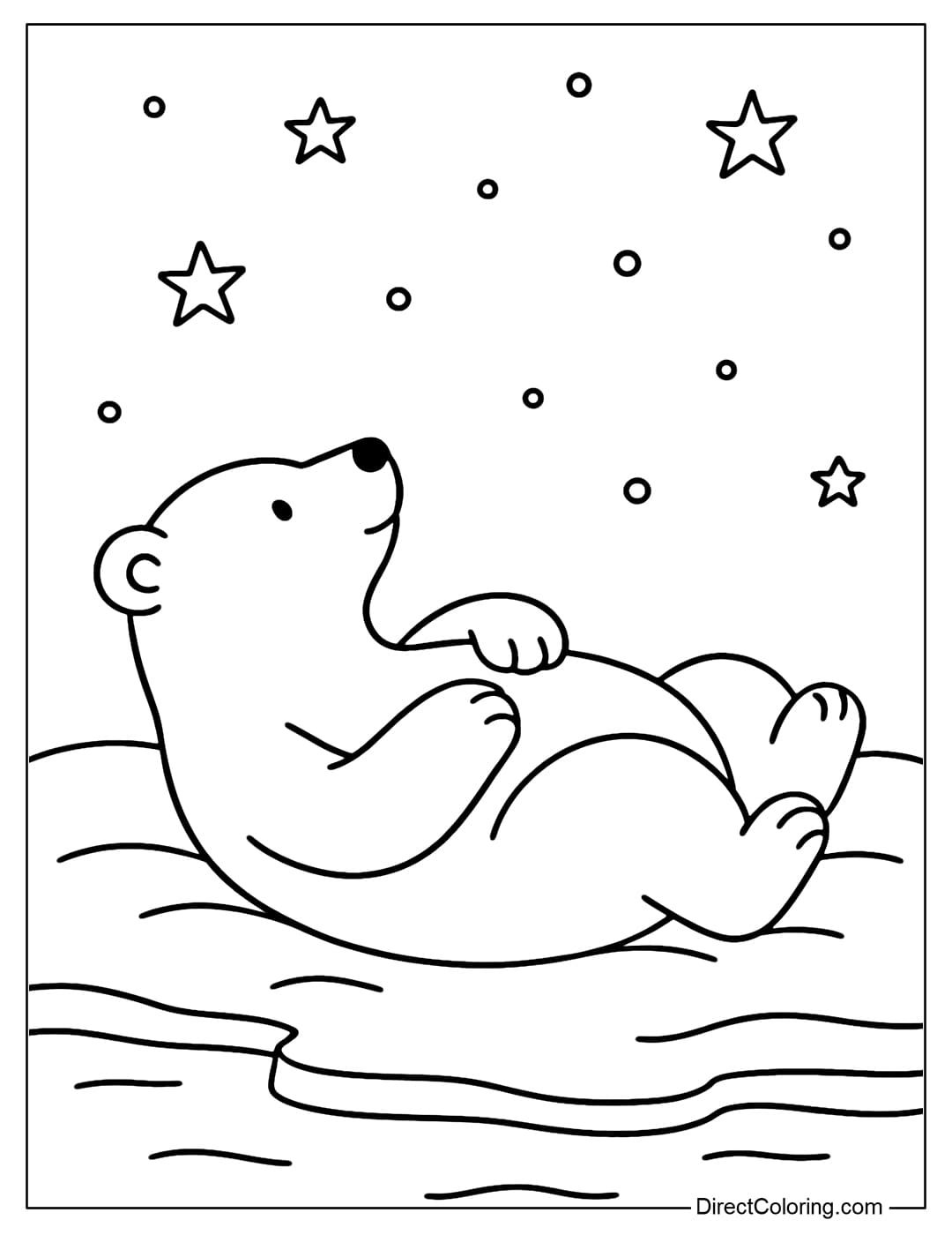 Coloring page of a polar bear lying on the snow looking at the starry sky.