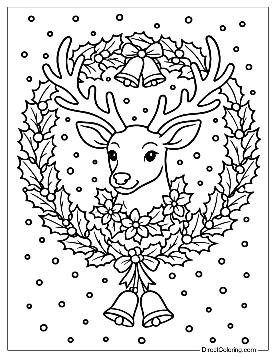 Reindeer Wreath Coloring Page A wreath coloring page with a reindeer wearing a wreath around its neck, with a bell.