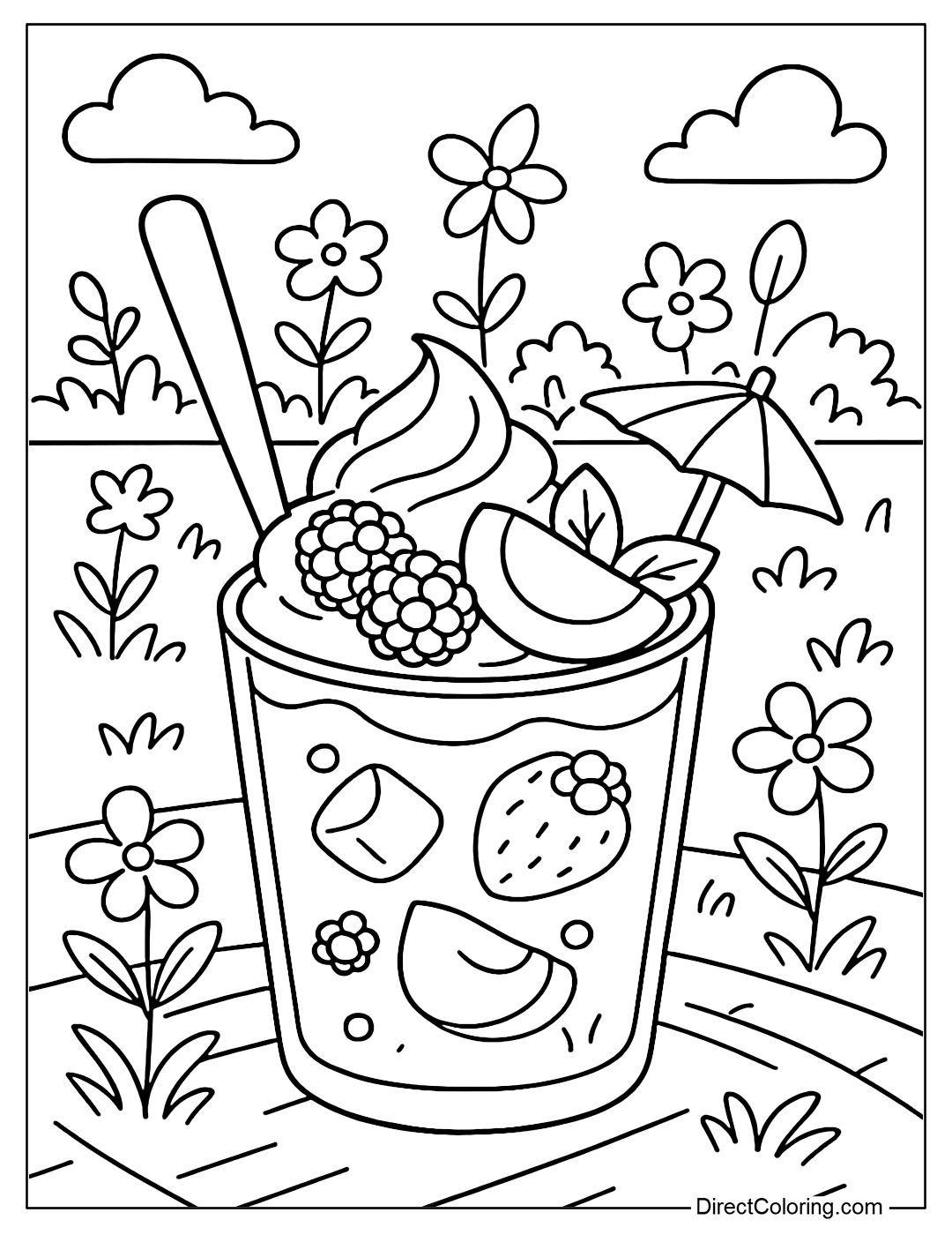 Coloring page of peach yogurt with spoon and berry toppings, a small garden with blooming flowers and a spinning pinwheel in the background.