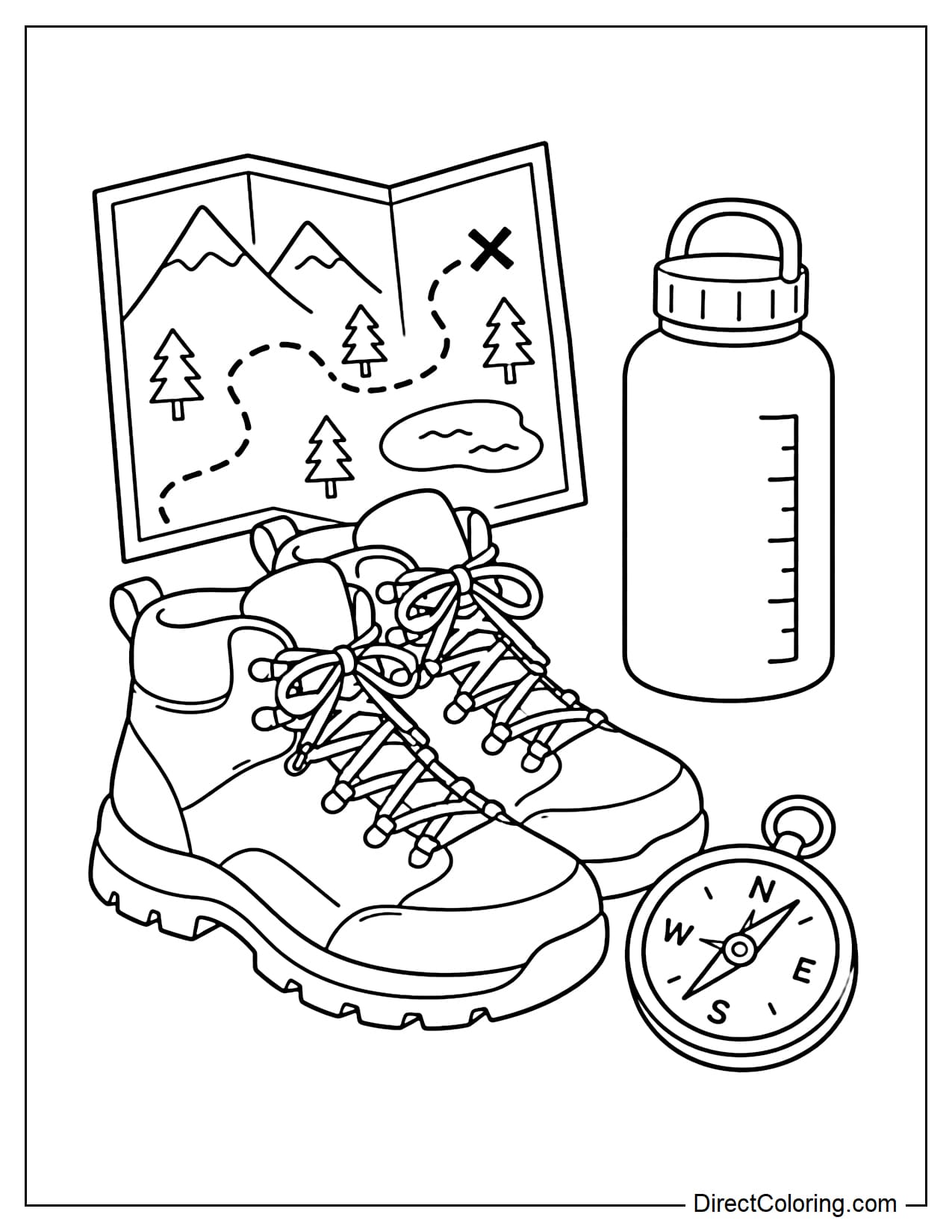 A pair of large hiking boots sits next to a trail map, a circular compass, and a water bottle.