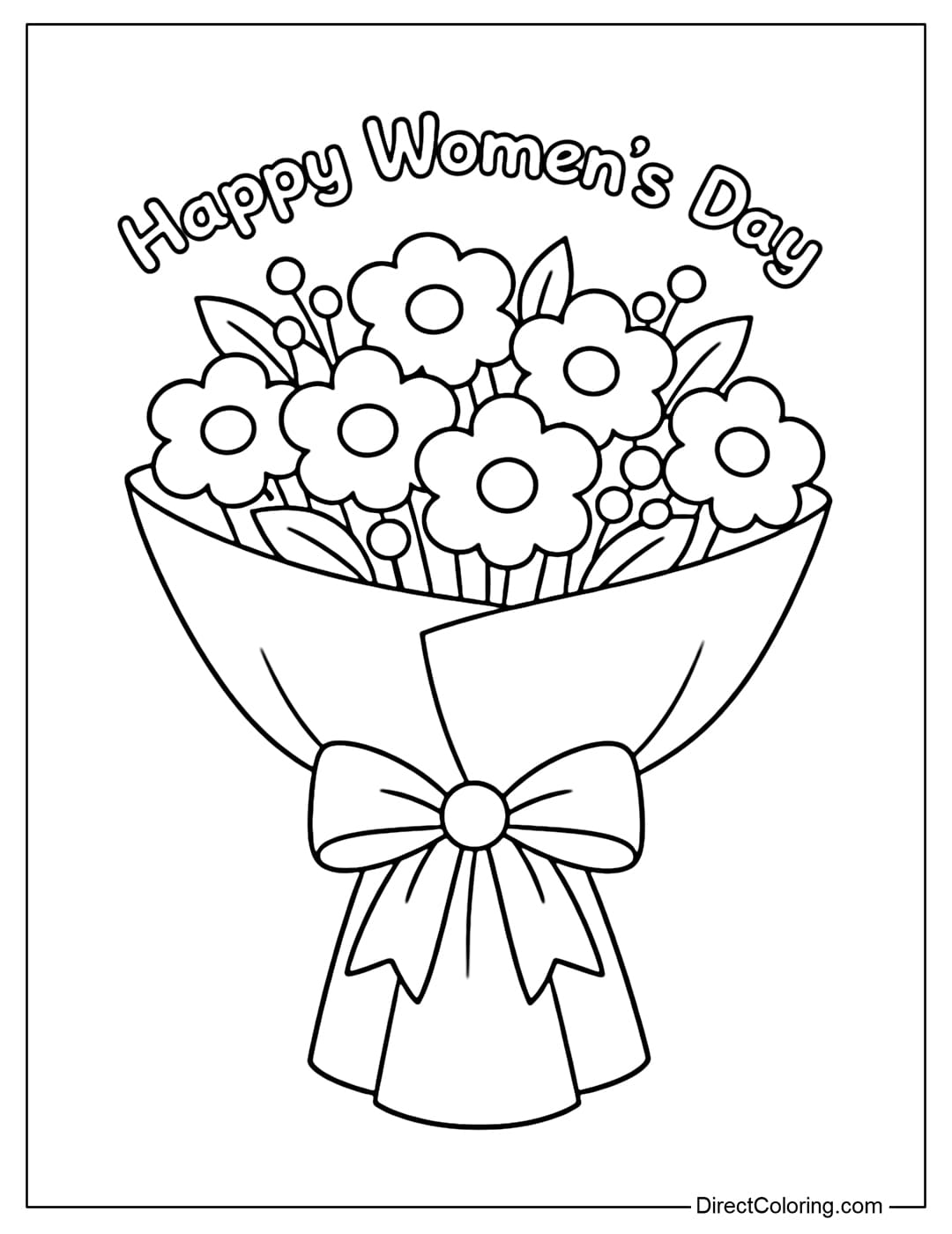 A coloring page with a simple bouquet wrapped in paper and tied with a ribbon, topped with the words 