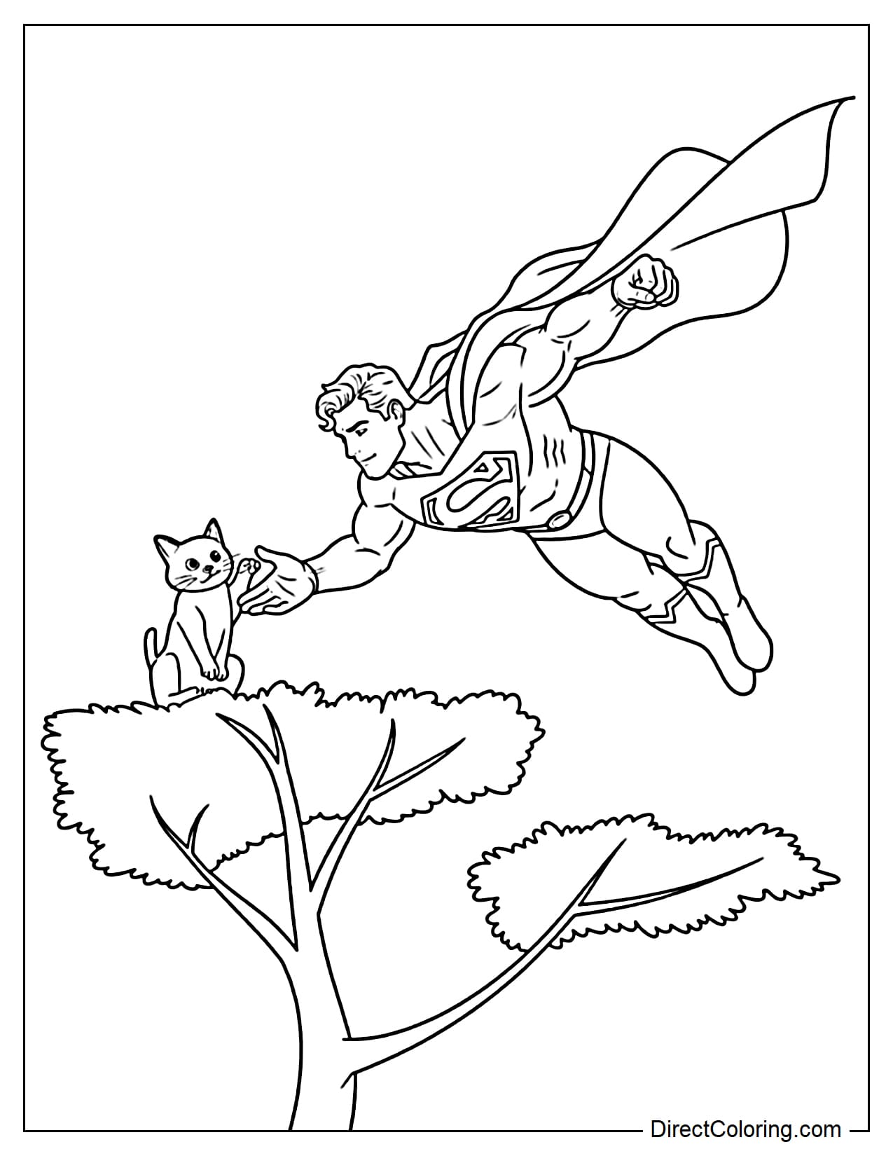 Superman flying up to save a cat in a tree.