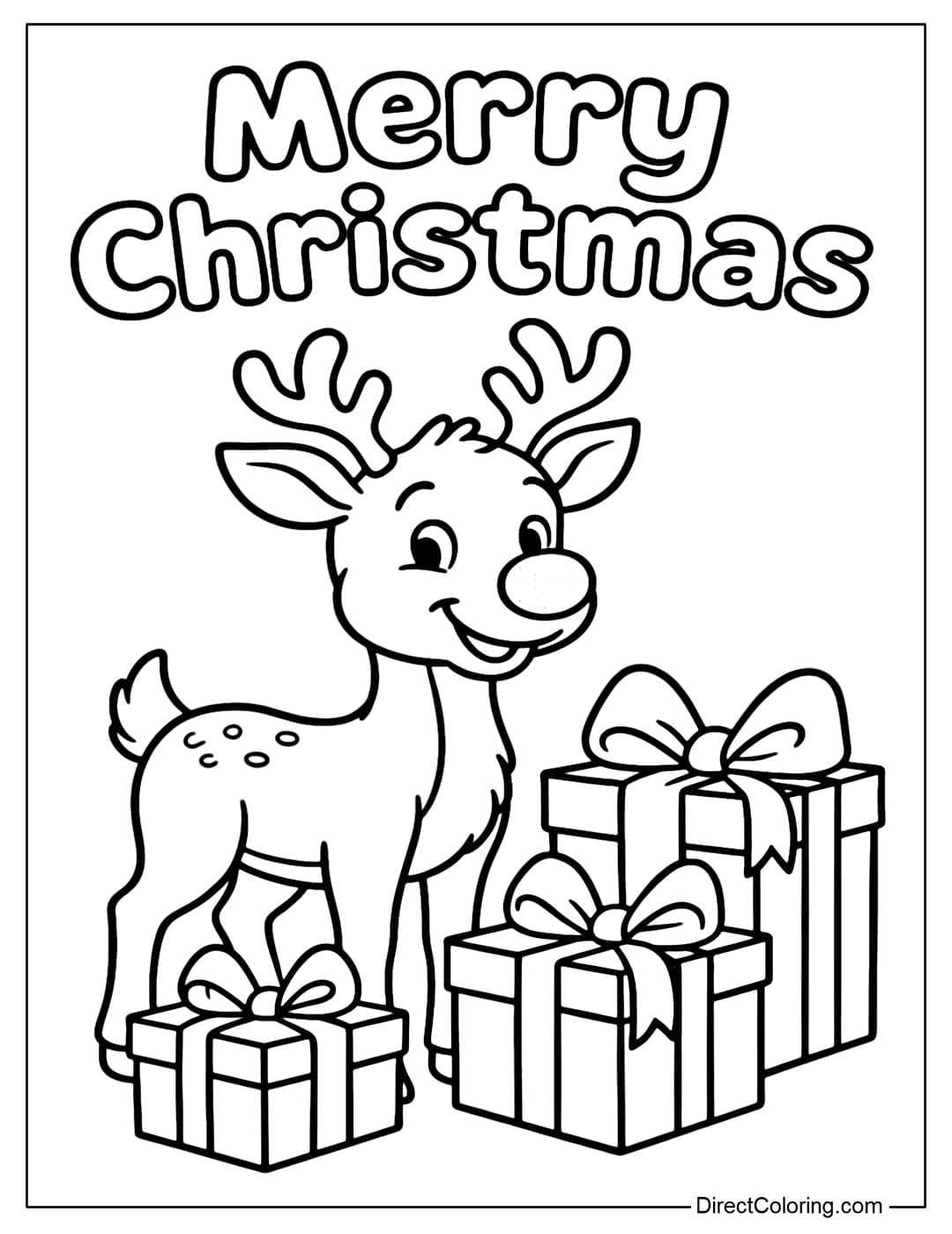 A coloring page of Rudolph the red-nosed reindeer standing next to Christmas gift boxes. Above it says Merry Christmas.