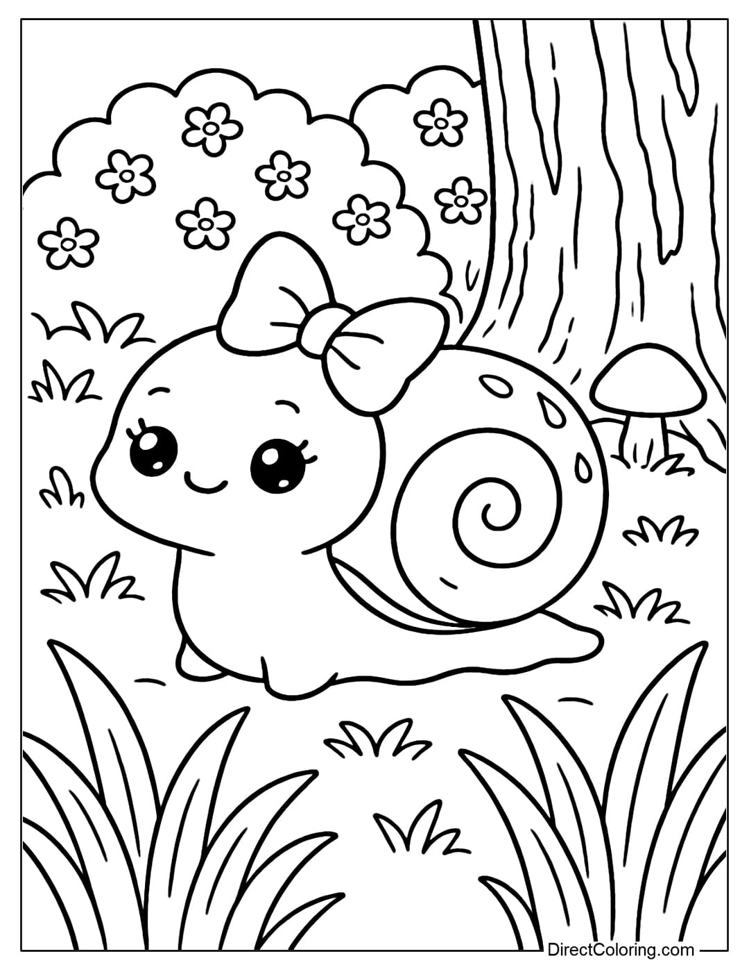 Coloring page of a cute snail with a big bow on its head, a cute round shell. A poetic small garden scene.