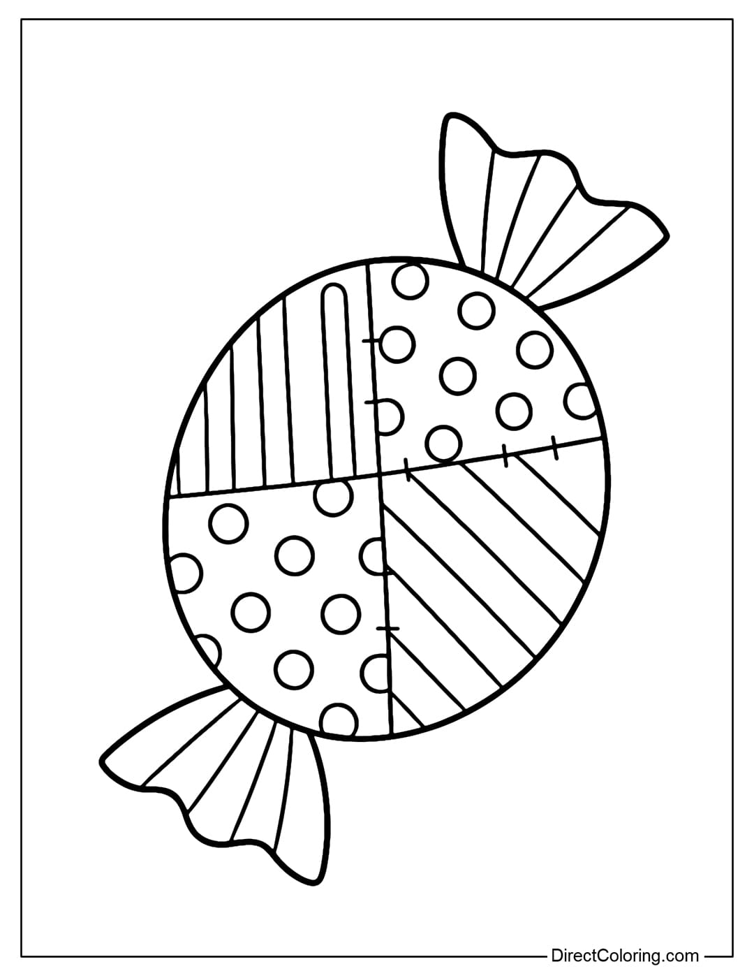A large Halloween candy coloring page wrapped in twisted paper at both ends, the paper shell is divided into patchwork, with stripes and polka dots.