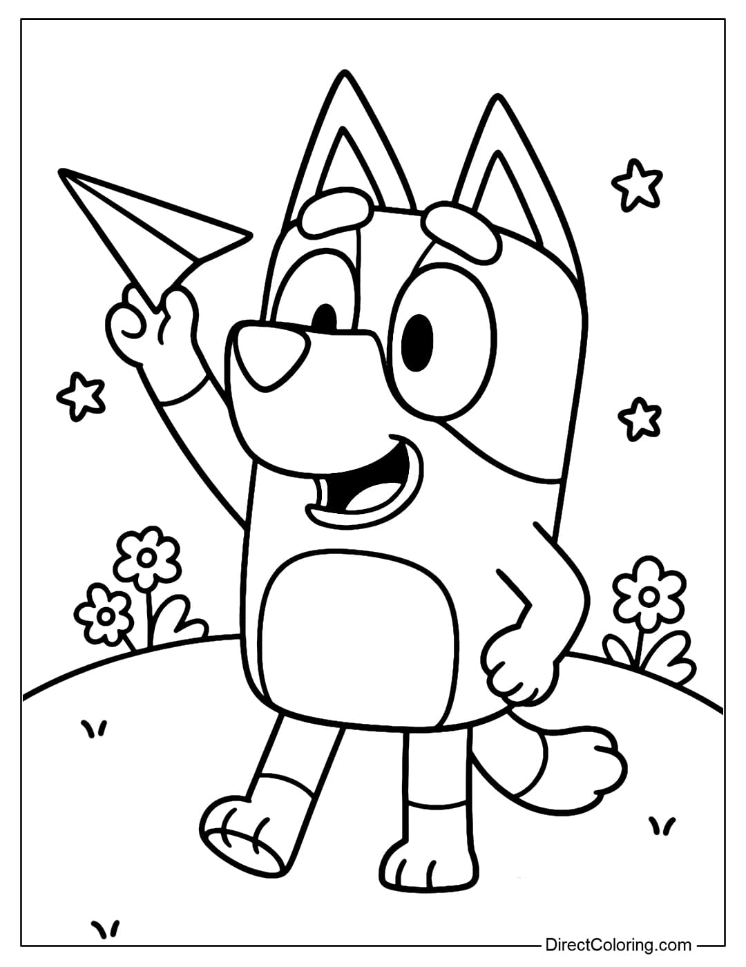 Bluey color page holds a paper airplane ready to drop.