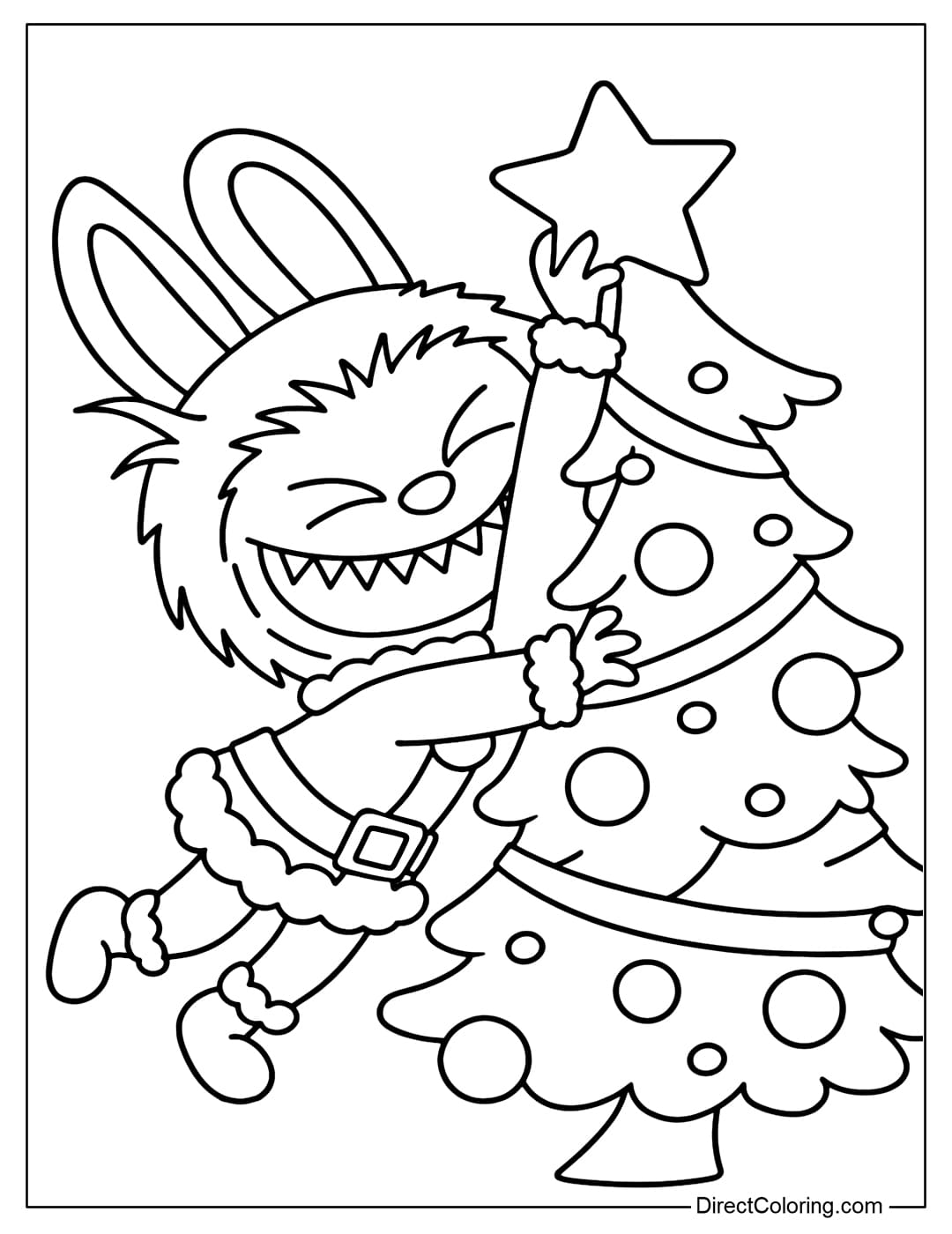 Coloring page of Labubu dressed as Santa trying to hang a golden star on top of a Christmas tree, the tree is leaning.