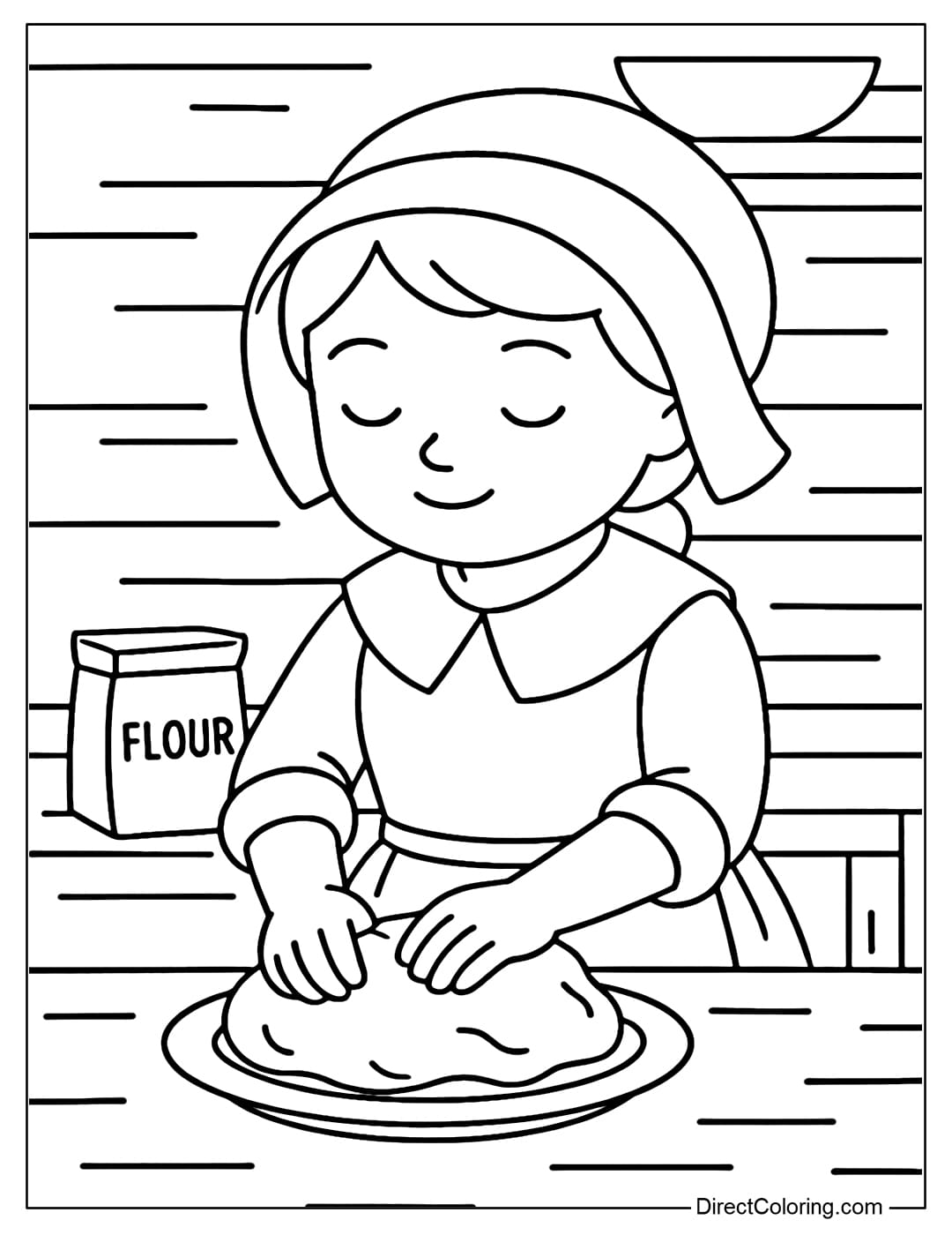 A coloring page of a little girl named Pilgrim kneading dough to make cakes in a small wooden kitchen, showing a simple and hard-working life.