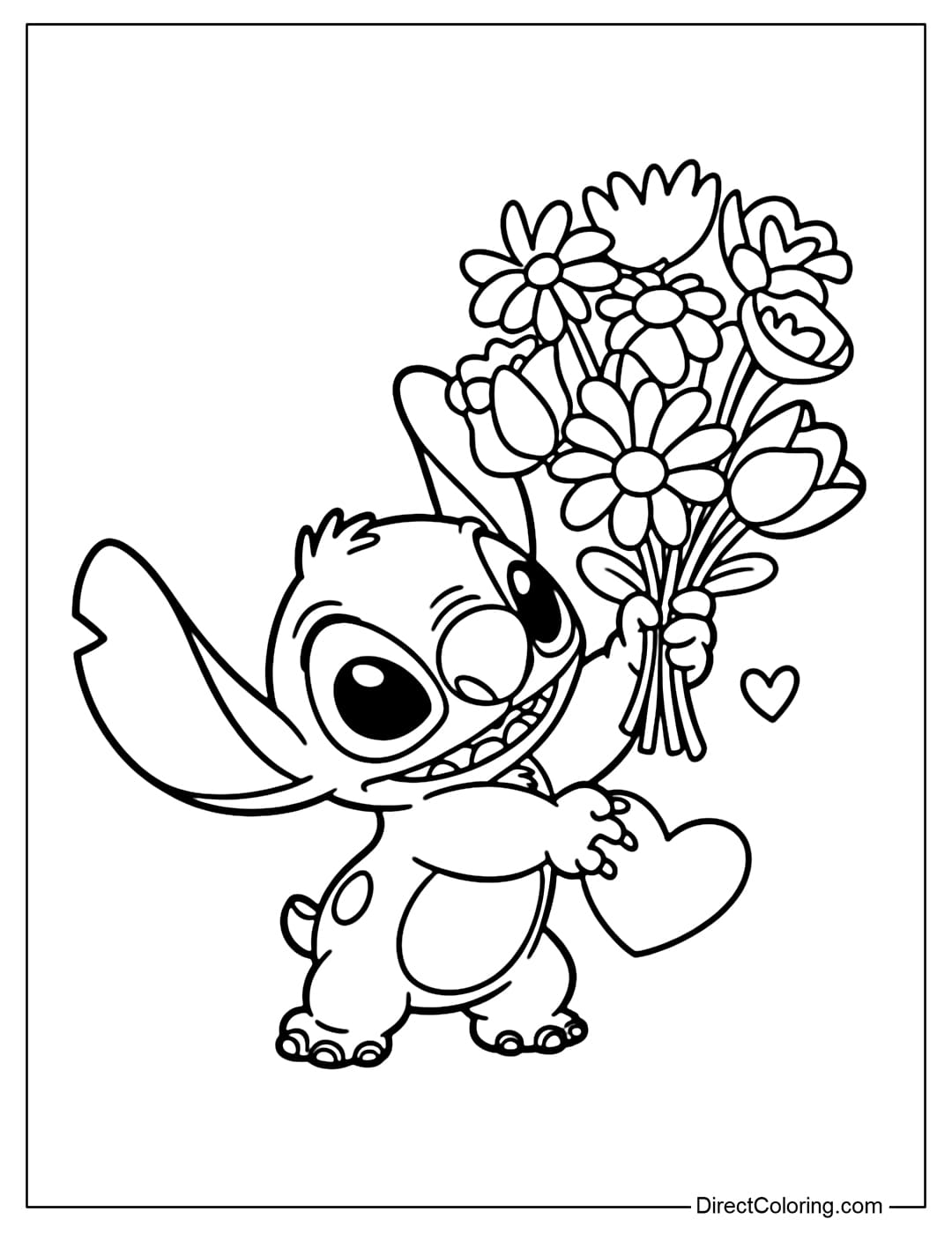 This coloring page features Stitch holding a round bouquet of simple flowers and small hearts, in a cute, uncluttered style.