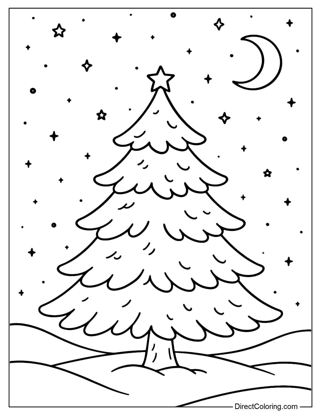 A Christmas tree coloring page in the middle of Christmas night, with a sky full of stars and moonlight.