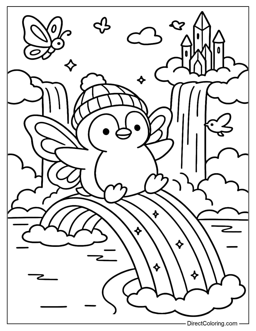 Penguin coloring page with butterfly wings, wearing a beanie, sliding on a rainbow.