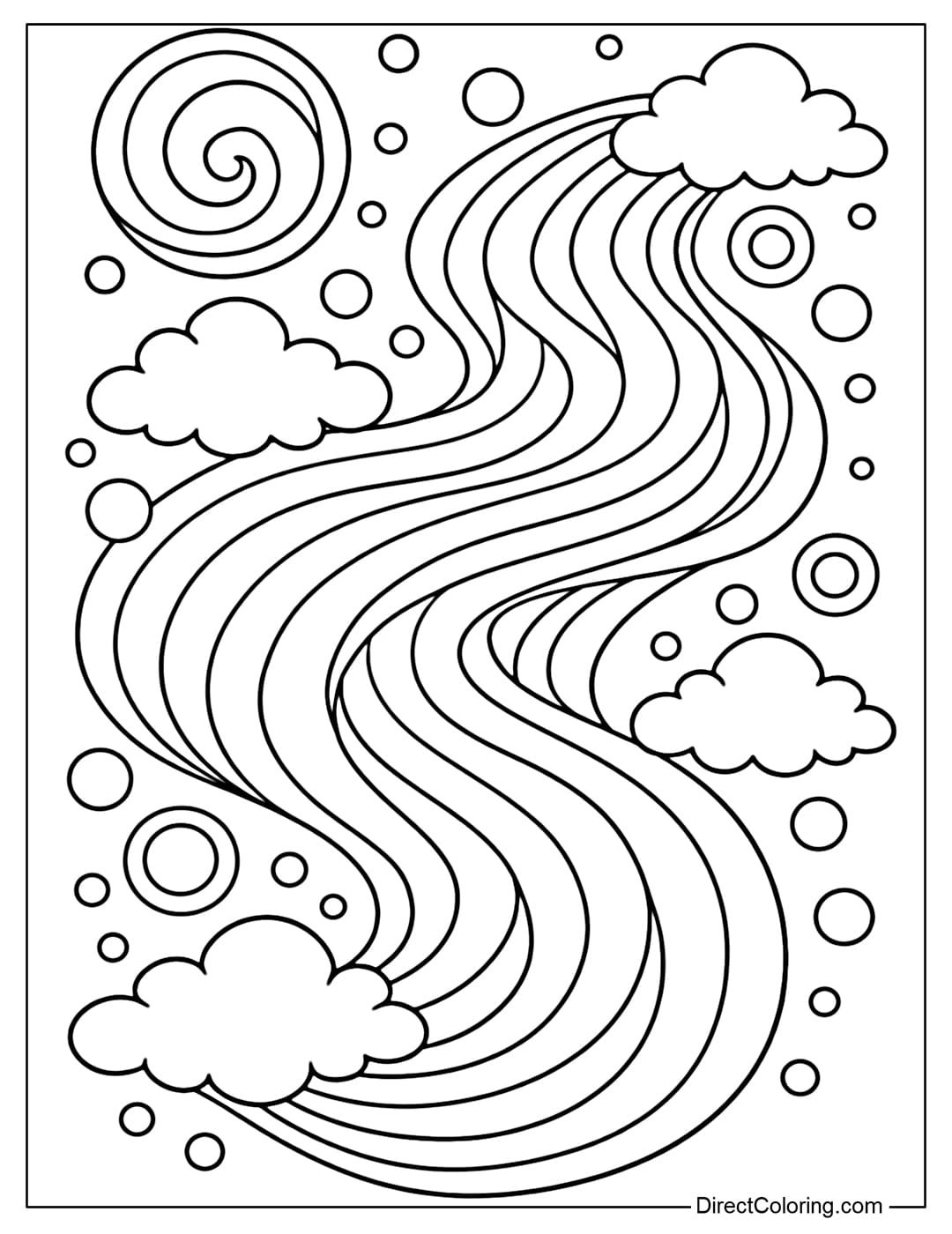 A coloring page of an abstract, undulating rainbow wave, incorporating swirls and small clouds.