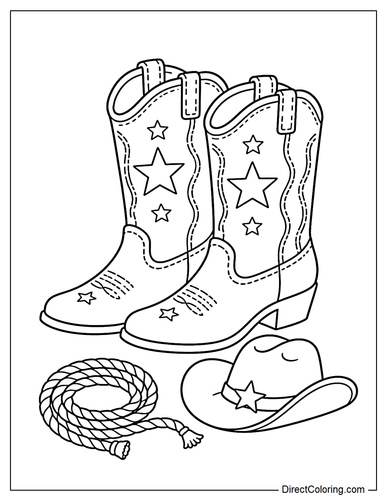 A pair of cowboy boots decorated with star patterns and detailed stitching, placed beside a small western hat and a coiled rope.