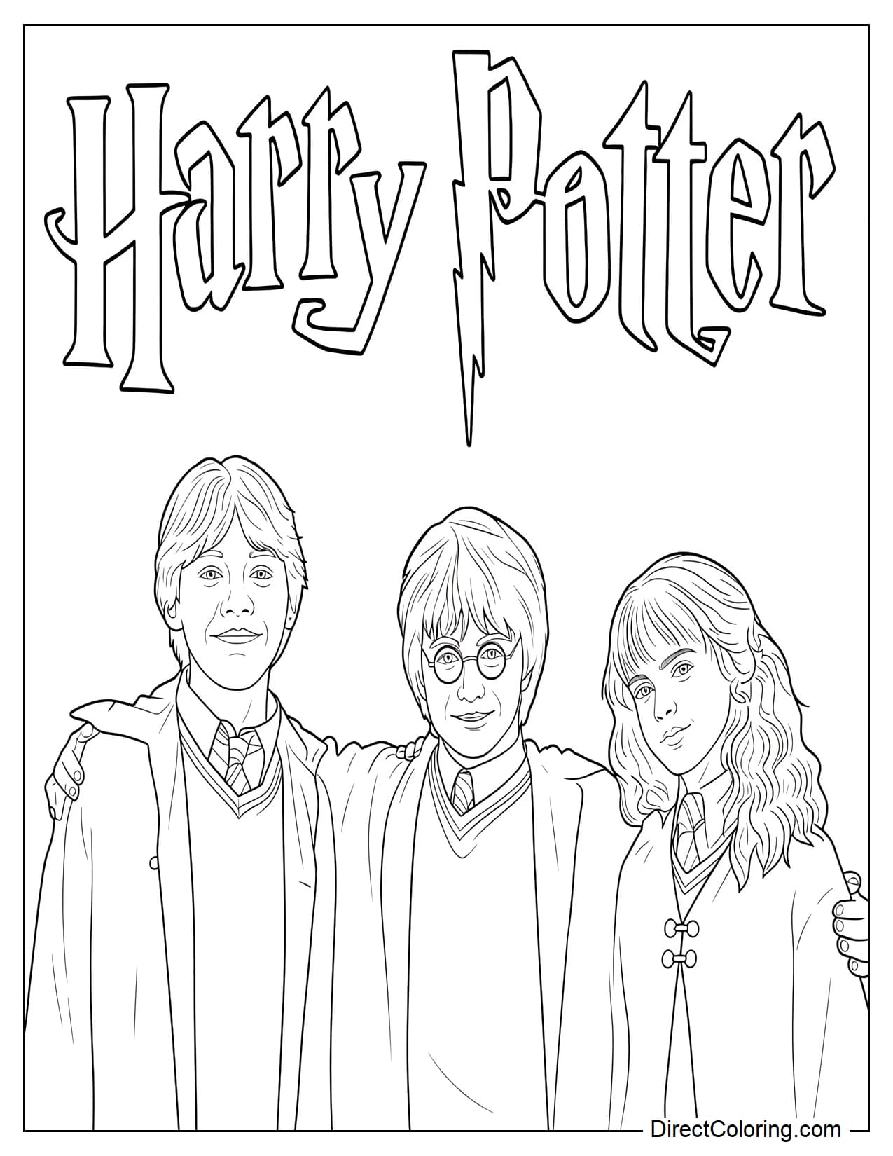Harry Potter, Hermione Granger, and Ron Weasley are standing together in their Hogwarts outfits, with large 