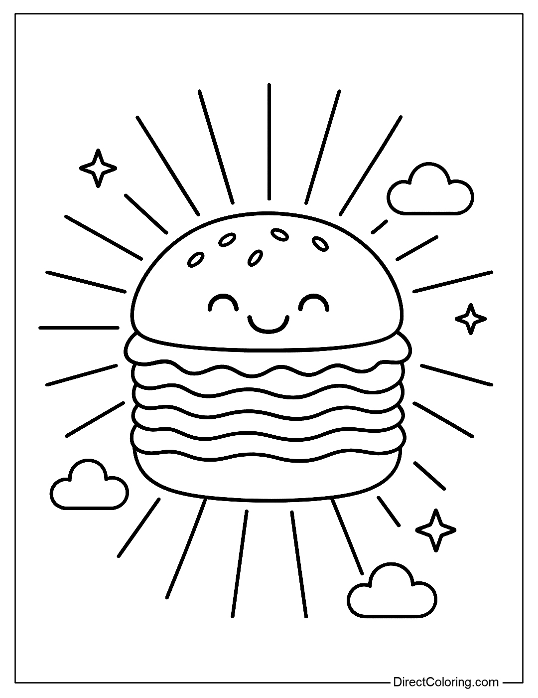 a hamburger coloring page with a rainbow-like filling, with light and clouds