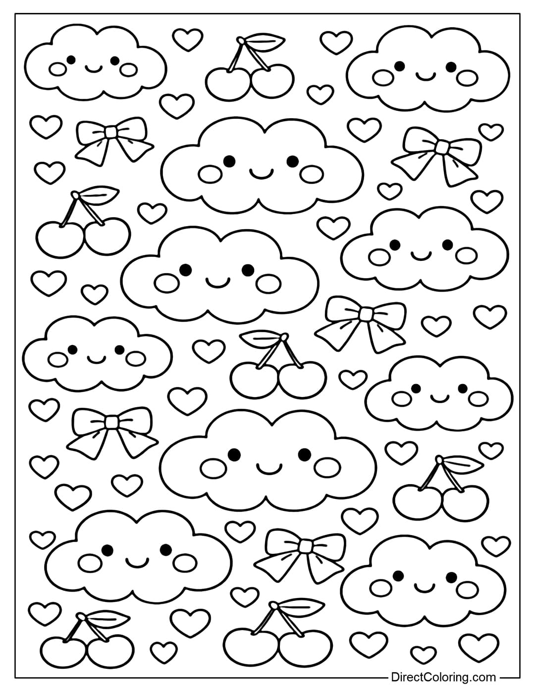 A coloring page of many clouds with rosy cheeks and little smiles, interspersed with cherries, pretty bows, and small hearts.