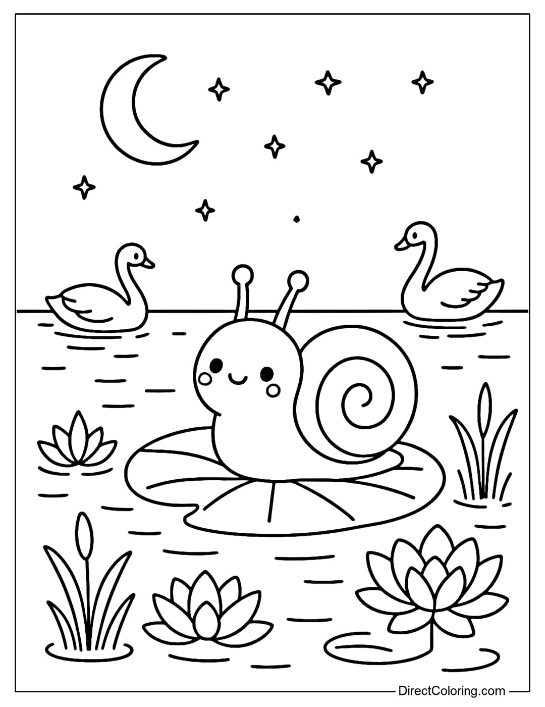 Coloring page of a cute snail on a lotus leaf floating in the middle of a lake, reflecting the moonlight and stars, with a pair of swans swimming.