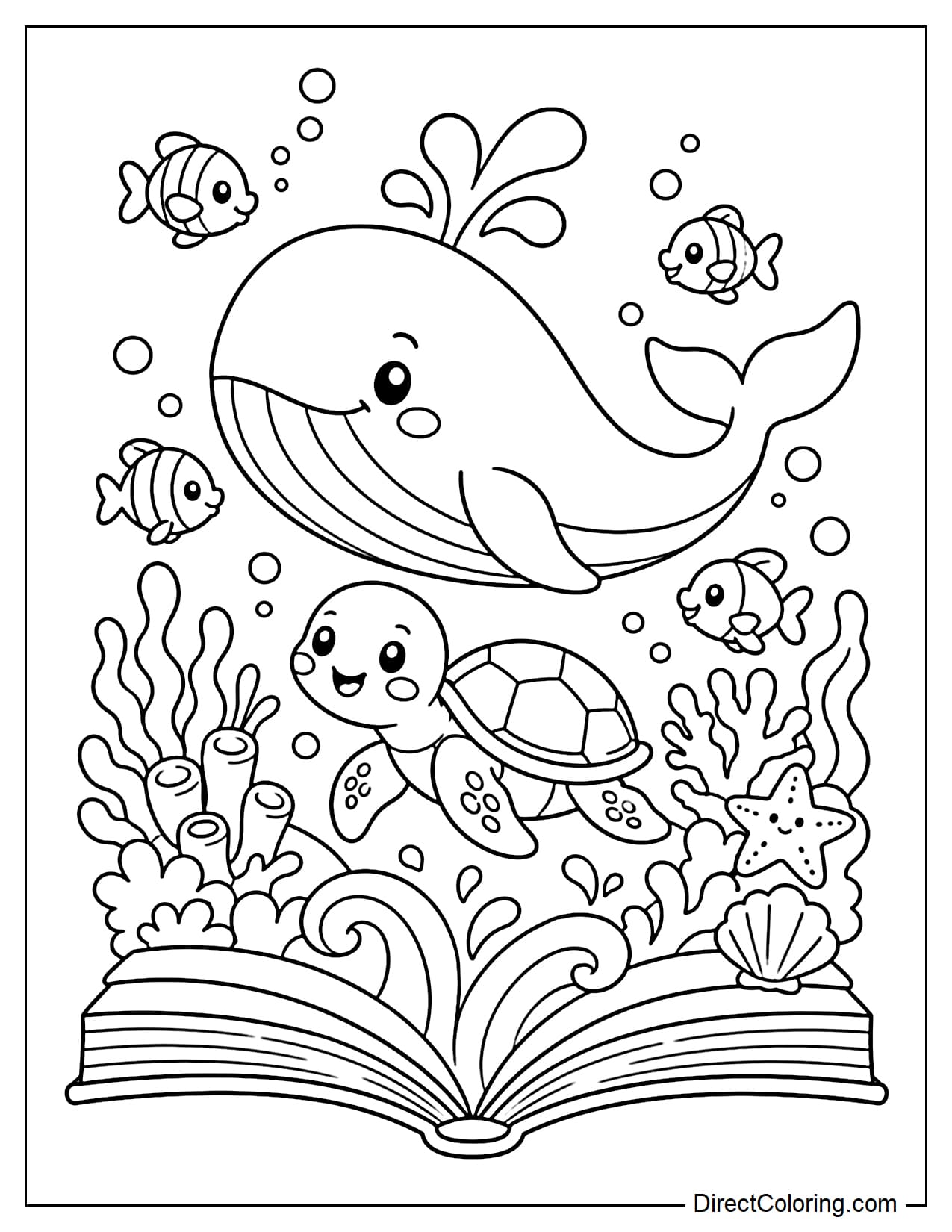 An open book reveals a wondrous ocean world, from which whales, sea turtles, coral, and some cute fish emerge.