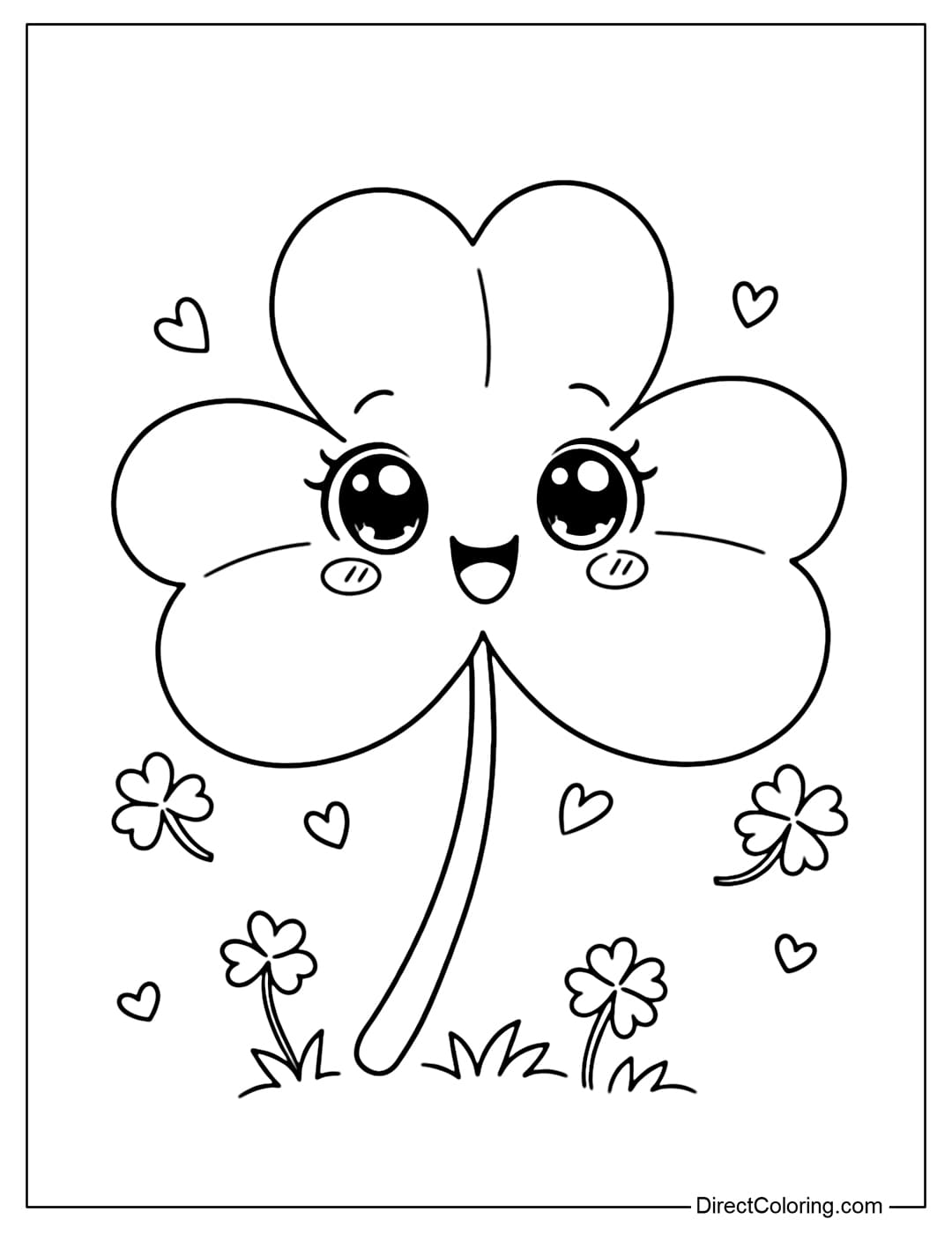 Coloring page of a anthropomorphic shamrock with a smiling face, big eyes, and a cute style.