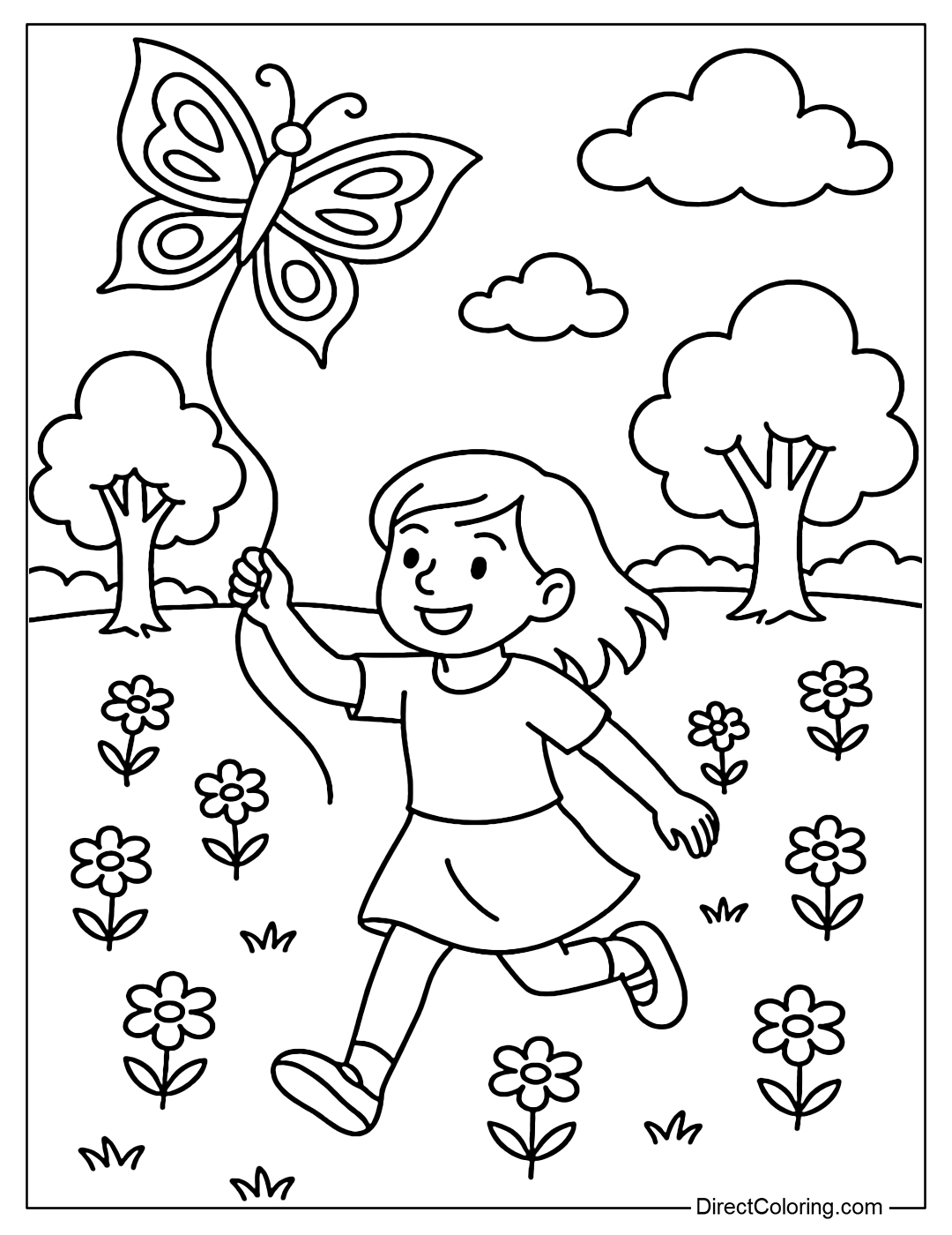 A coloring page of a girl holding a butterfly-shaped kite string, running in a field of flowers.