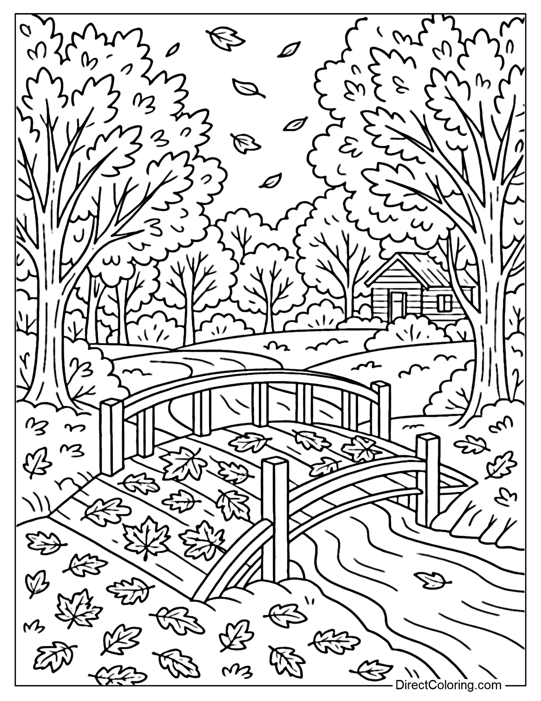 A small wooden bridge coloring page spanning a stream, covered with fallen maple and oak leaves, with rows of autumn trees on both sides.