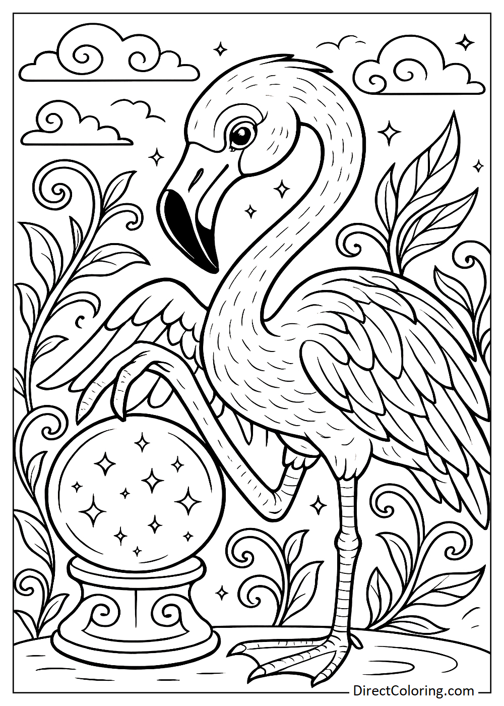 Flamingo playing with a crystal ball coloring page