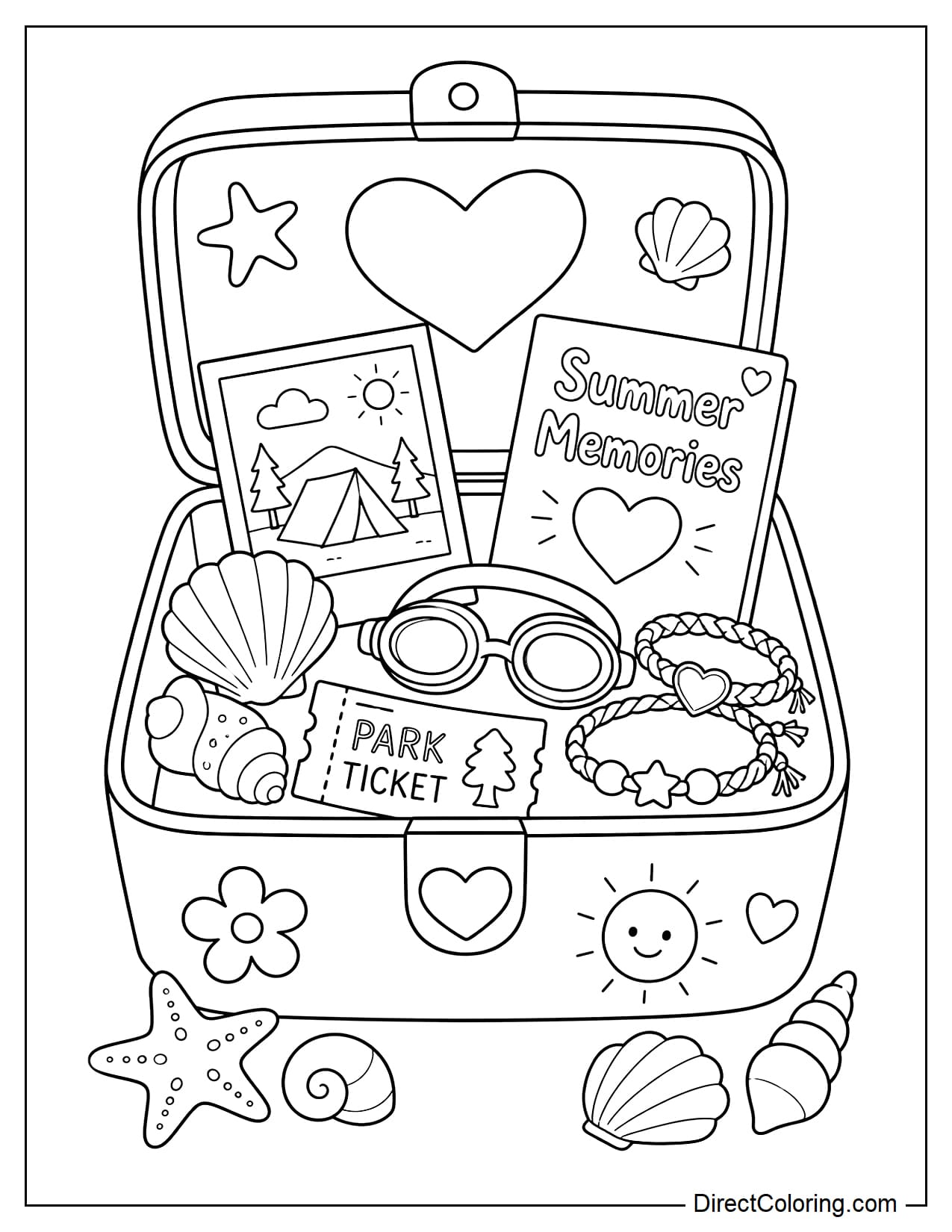 An open summer memory box contains seashells, swimming goggles, camping photos, friendship bracelets, park tickets, and a card that reads 
