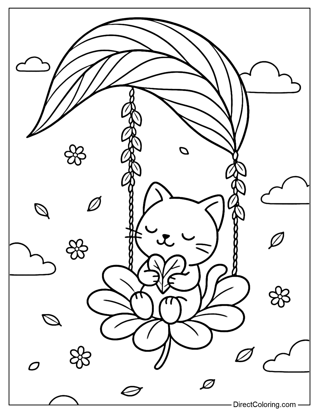 Coloring page of a swing with curved leaves, a little cat sitting among wild flowers holding a heart-shaped leaf.