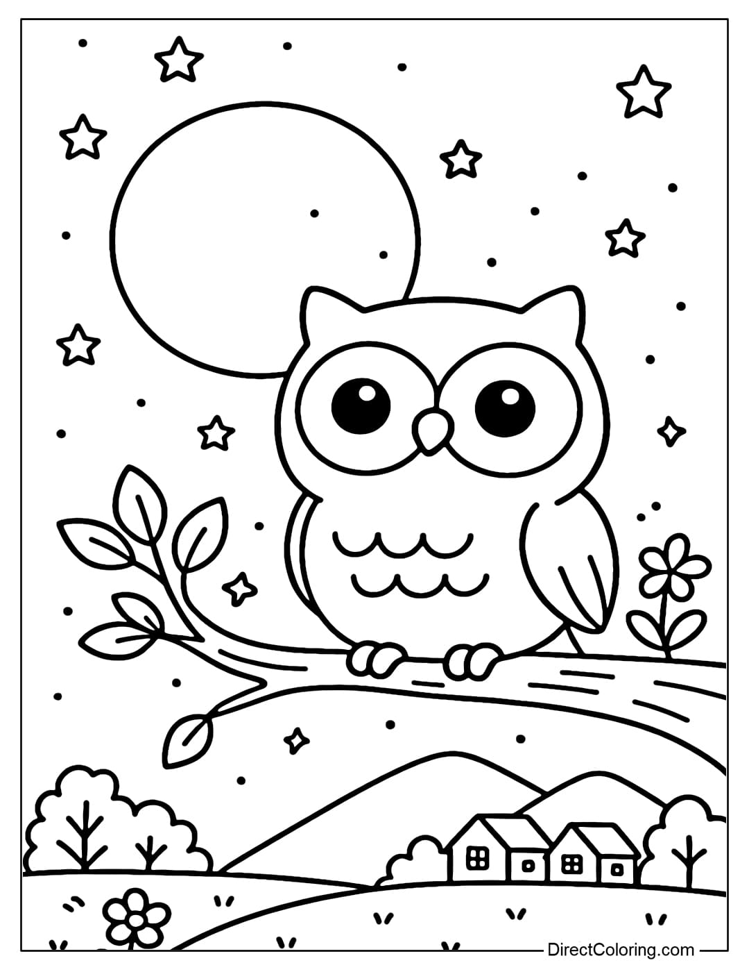 A coloring page of a gentle owl perched on a tree branch, with a soft full moon in the background.