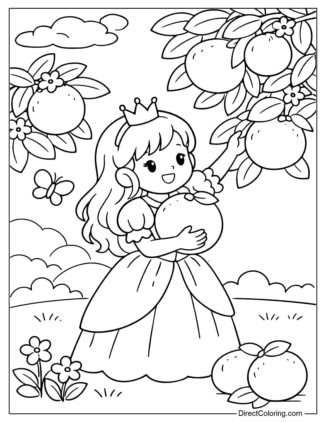 A coloring page of a princess picking large oranges in a simple garden.