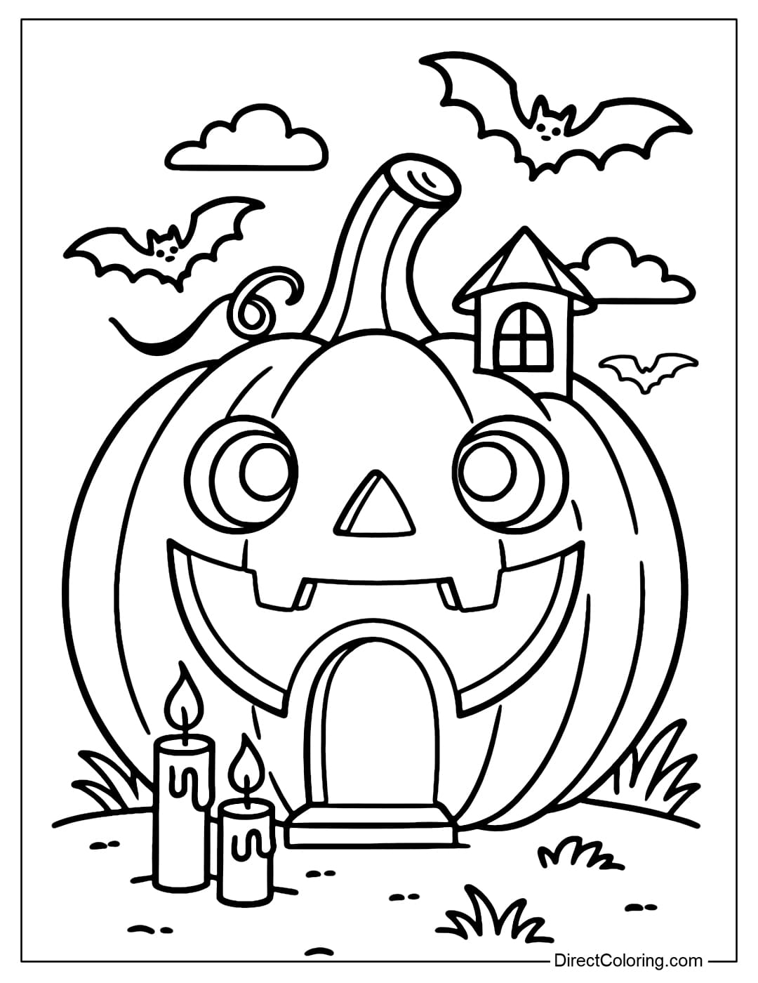 A giant pumpkin-shaped haunted house coloring page, the entrance is a smiling Jack-o-lantern mouth.
