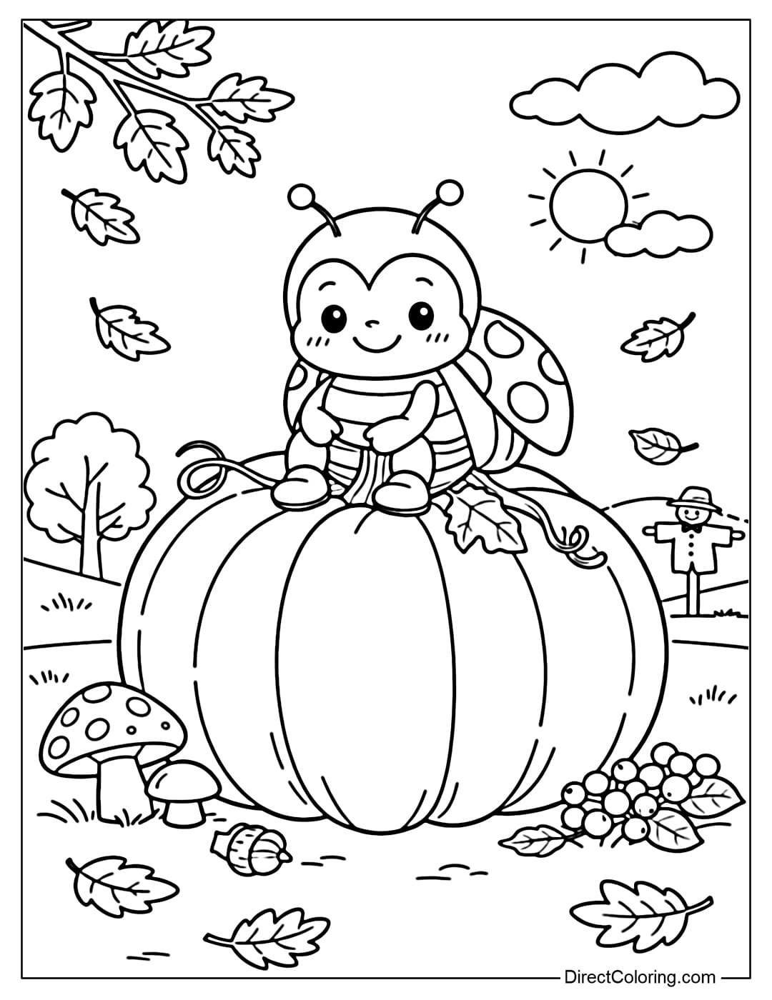 A coloring page of a ladybug sitting on a large round pumpkin in an autumn scene.