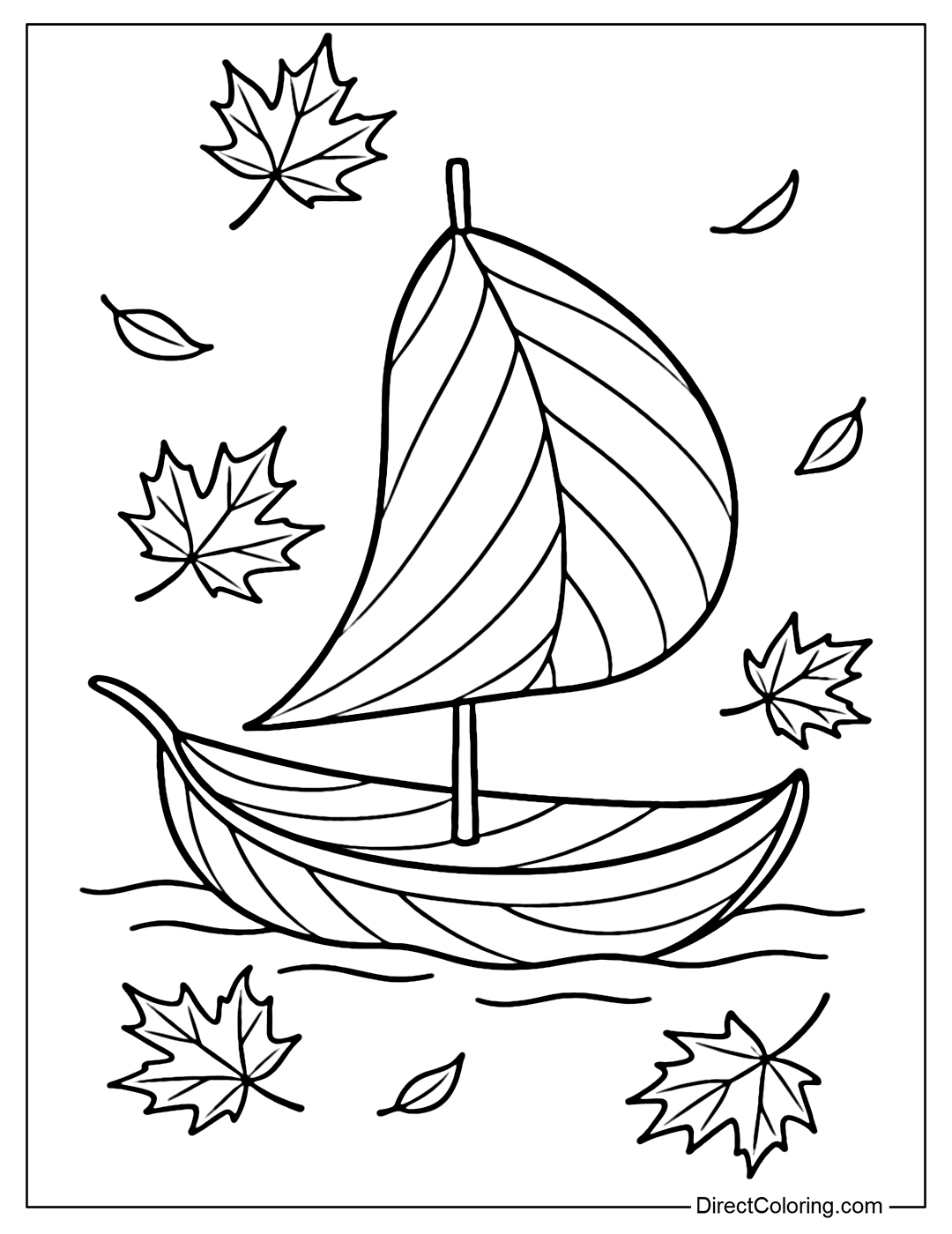 A coloring page of a boat made of leaves floating on the water, with a few fallen maple leaves around it.