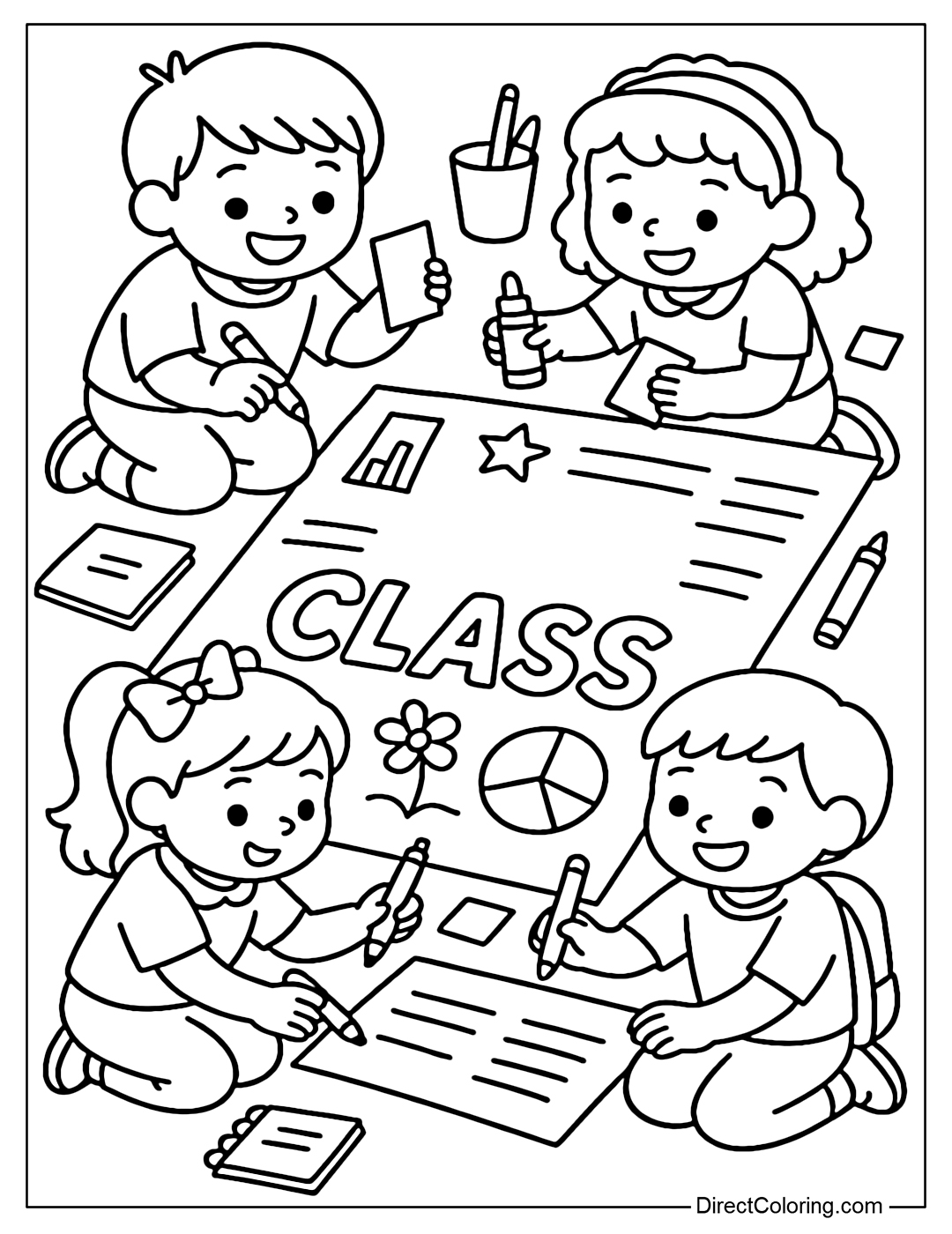 A coloring page of a group of students drawing a poster in preparation for their first presentation of the year.