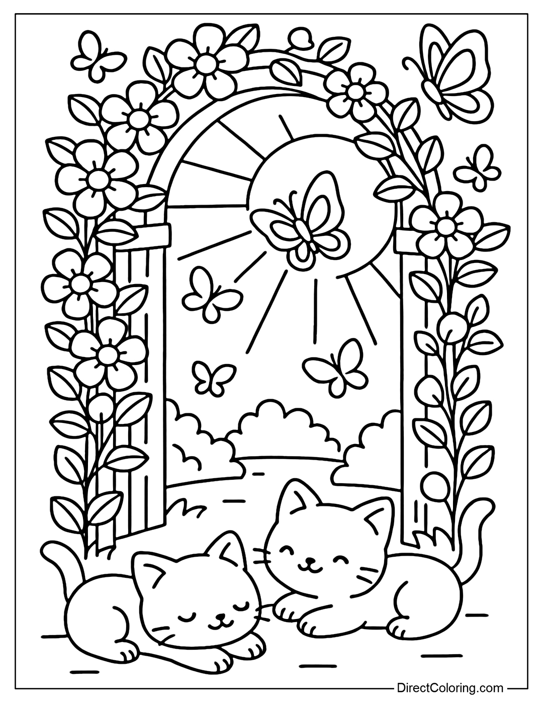 A wooden archway coloring page covered with flowers and butterflies, soft light shining through, a few cute kittens playing near the entrance.
