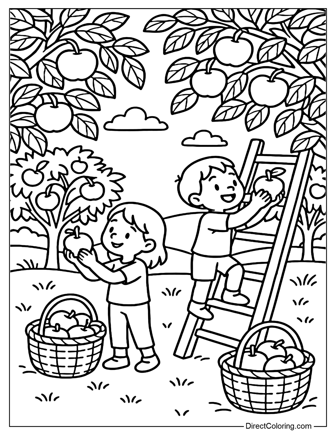 Apple orchard coloring page with bamboo baskets, wooden ladders and children picking fruit, a warm space at the end of summer.
