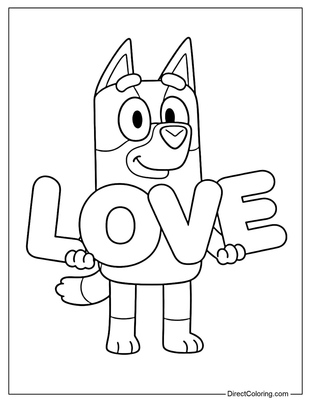 Bluey is smiling happily, holding large letters in her hands to spell out the word 