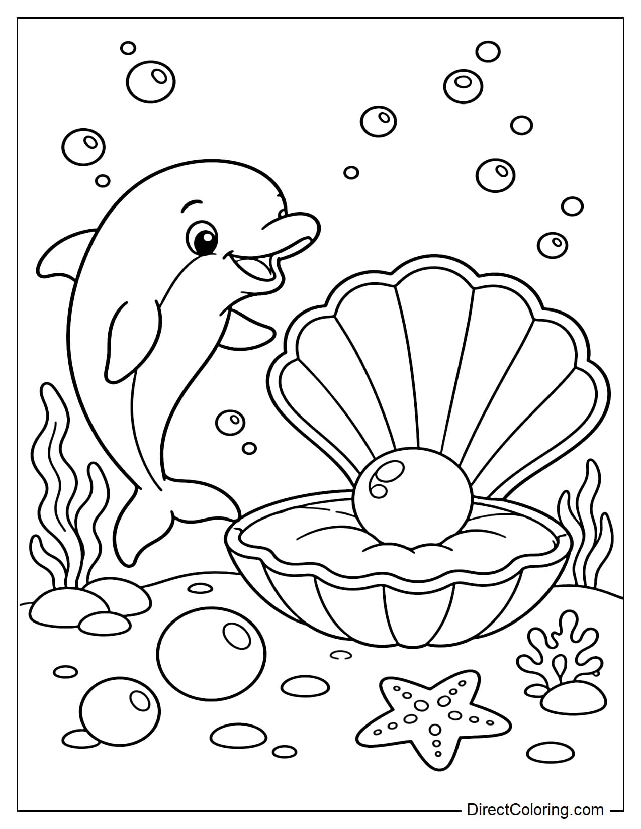 A dolphin stands next to a giant, expanding seashell on the seabed, surrounded by bubbles and some large pearls.