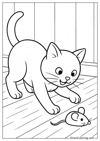 Cute cat playing with toy mouse coloring book