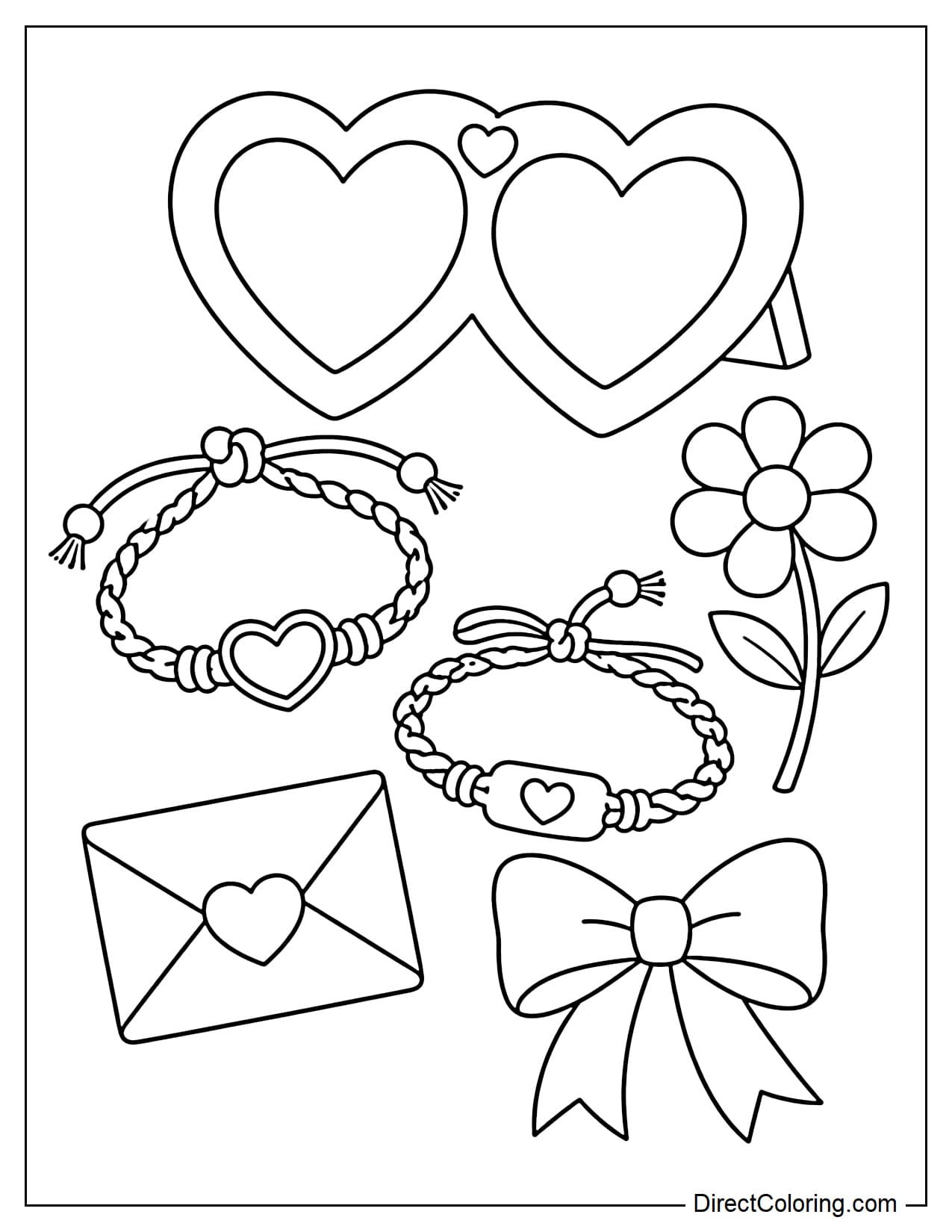 Friendship keepsakes include a pair of friendship bracelets placed side by side, a small photo frame with two hearts, an envelope sealed with a heart, a simple flower, and a pretty bow.