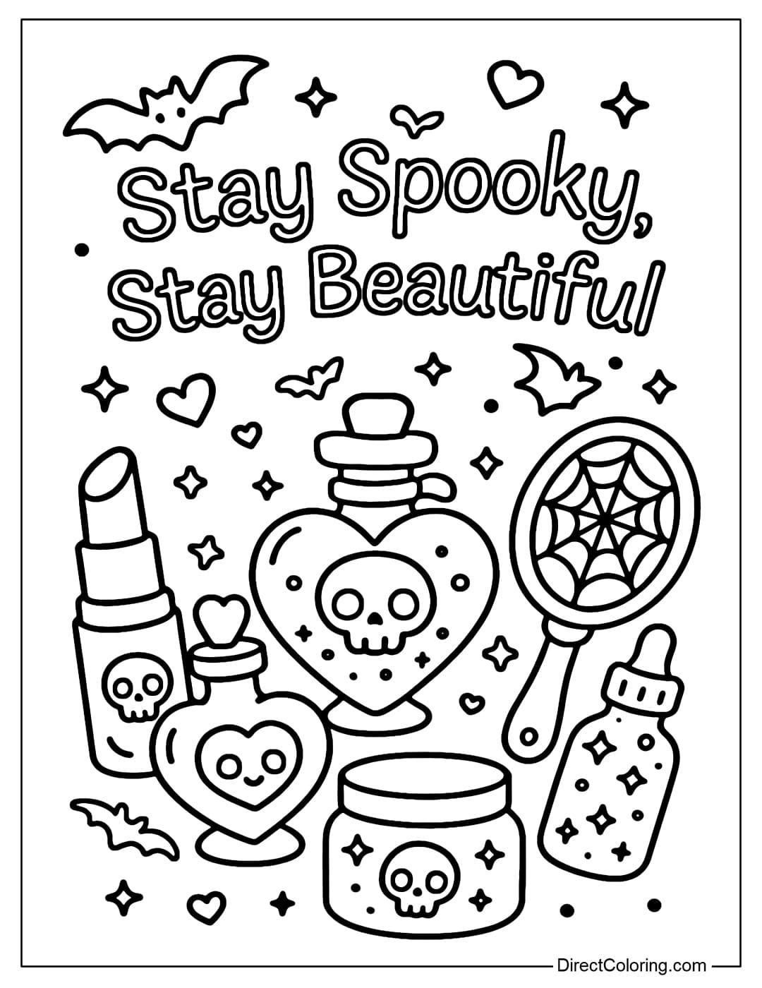 A magical beauty set coloring page featuring a skull lipstick, a heart-shaped perfume bottle, a spider-web hand mirror, and a glitter serum bottle.