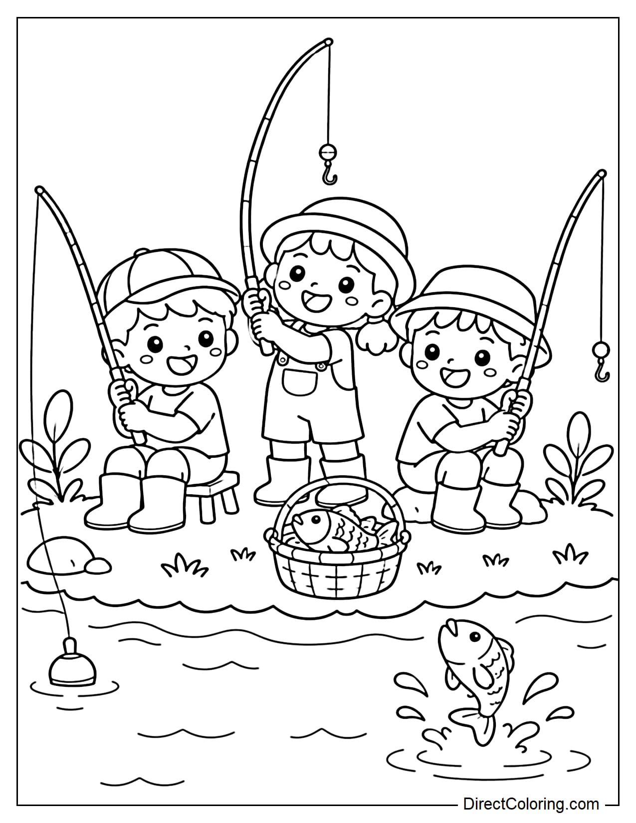 A group of three children are competing in a fishing competition by the lake, each holding a fishing rod with a happy expression, next to a basket of fish.